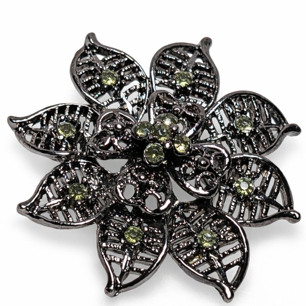 Vintage Gunmetal Floral Brooch Green Crystal Flower Statement Pin Whimsigoth